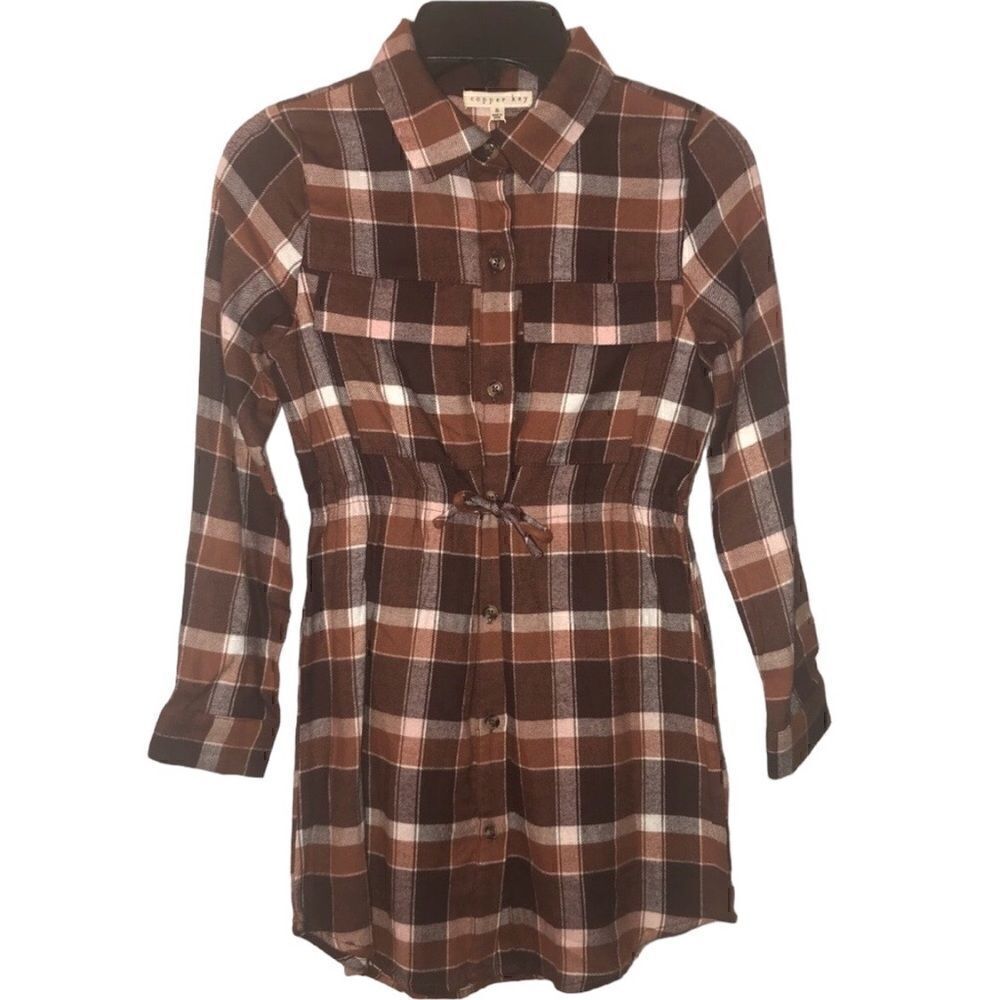 KIDS Girls Copper Key Brown Tan Plaid Long Sleeves Shirt Dress Buttons P…